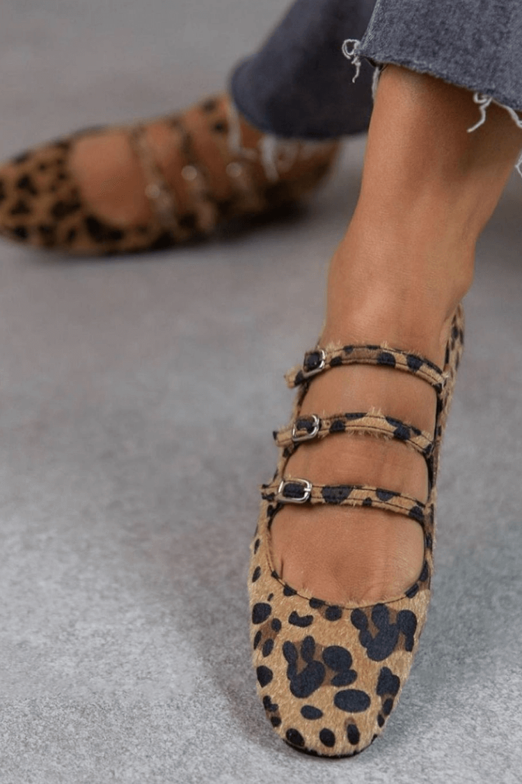 Leopard Print Triple Buckle Mary Jane Flats