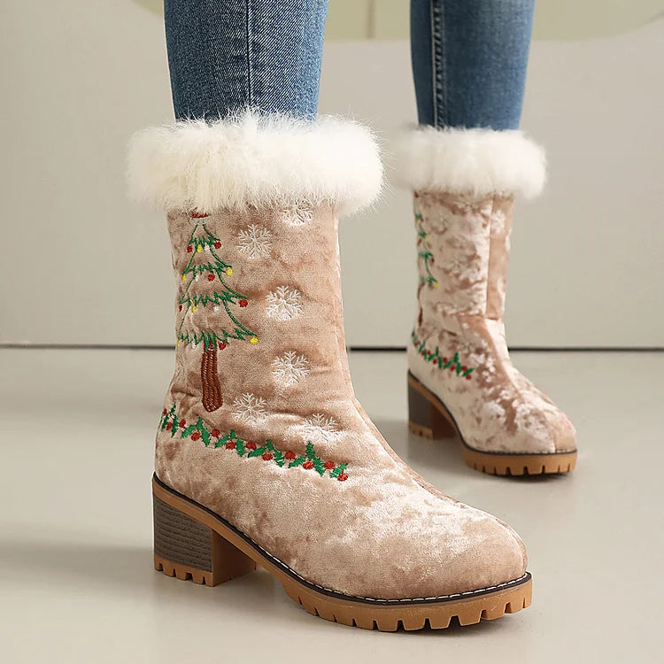 Flauschige Samt-Mittelstiefel mit runder Zehenpartie und klobigem Absatz mit Weihnachtsbaum-Stickerei