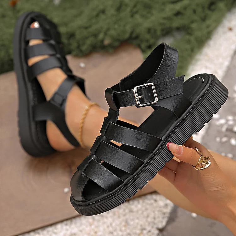 Woven Solid Color Hollow Out T-Strap Buckle Round Toe Sandals