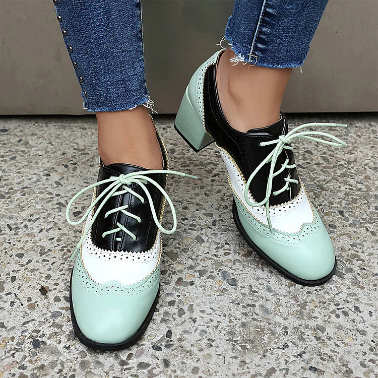 Scarpe Oxford Brogue con Tacco Grosso e Lacci, Punta Rotonda e Patchwork Color Block 