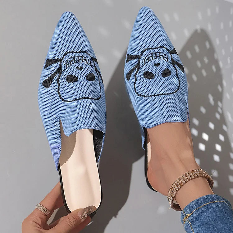 Casual Skull Print Pointy Toe Breathable Knit Mules