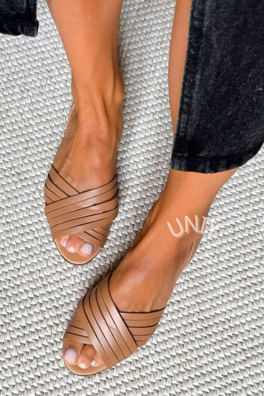Crisscross Strappy Open Toe Faux Leather Flat Sandals [Pre Order]