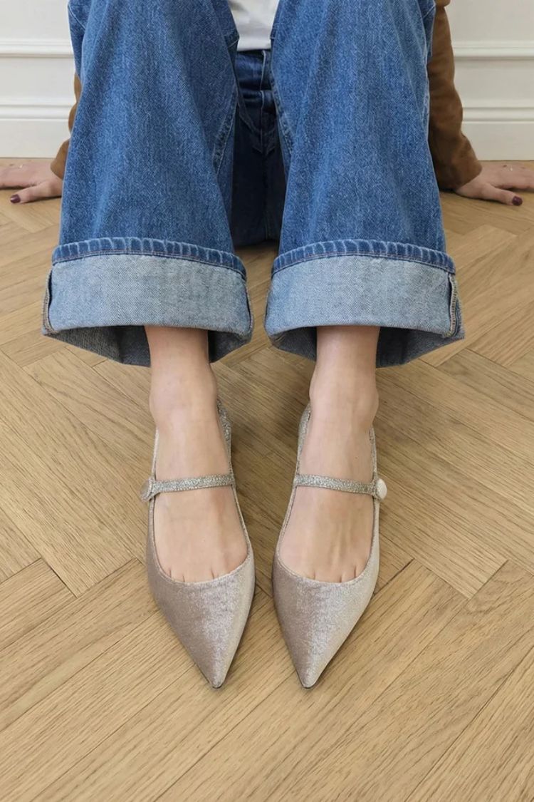 Pale Pink Velvet Pointed Toe Pearl Rhinestone Mary Jane Flats [Pre Order]