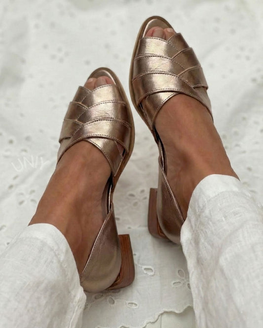 Champagne Gold Pointed Toe Casual Block Heel Sandals [Pre Order]