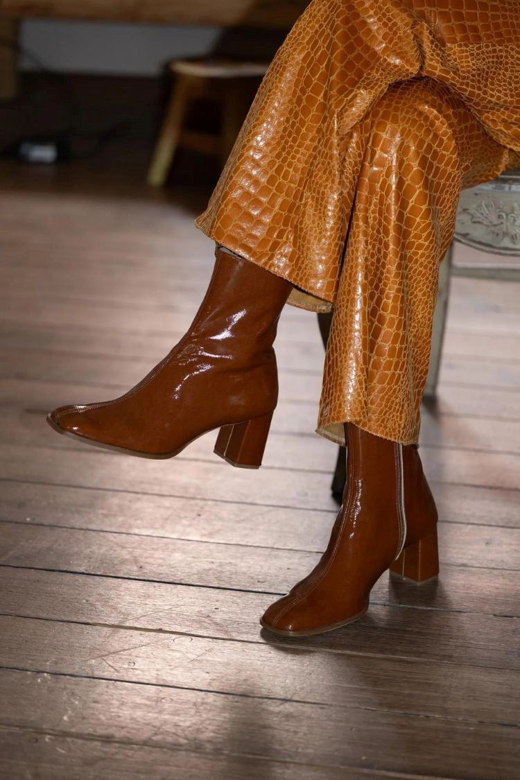 Square Toe Patchwork Patent Versatile Block Heel Ankle Boots [Pre Order]