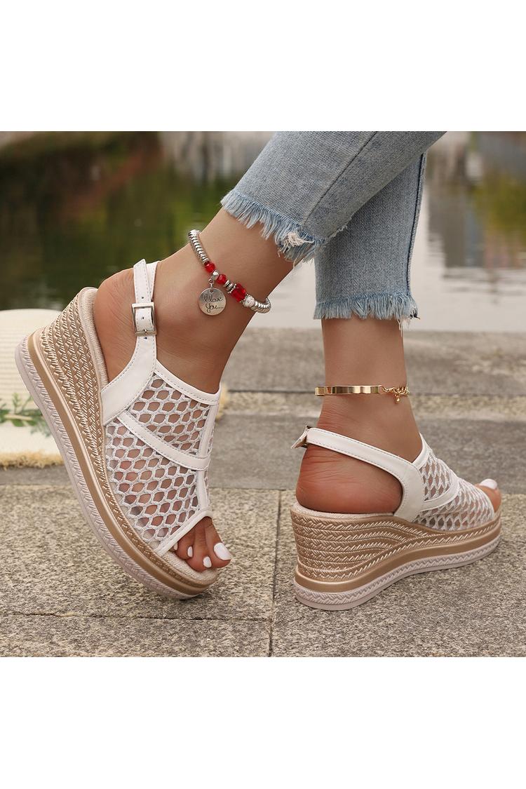 Zeppe casual in rete con cinturino alla caviglia con fibbia e punta aperta patchwork