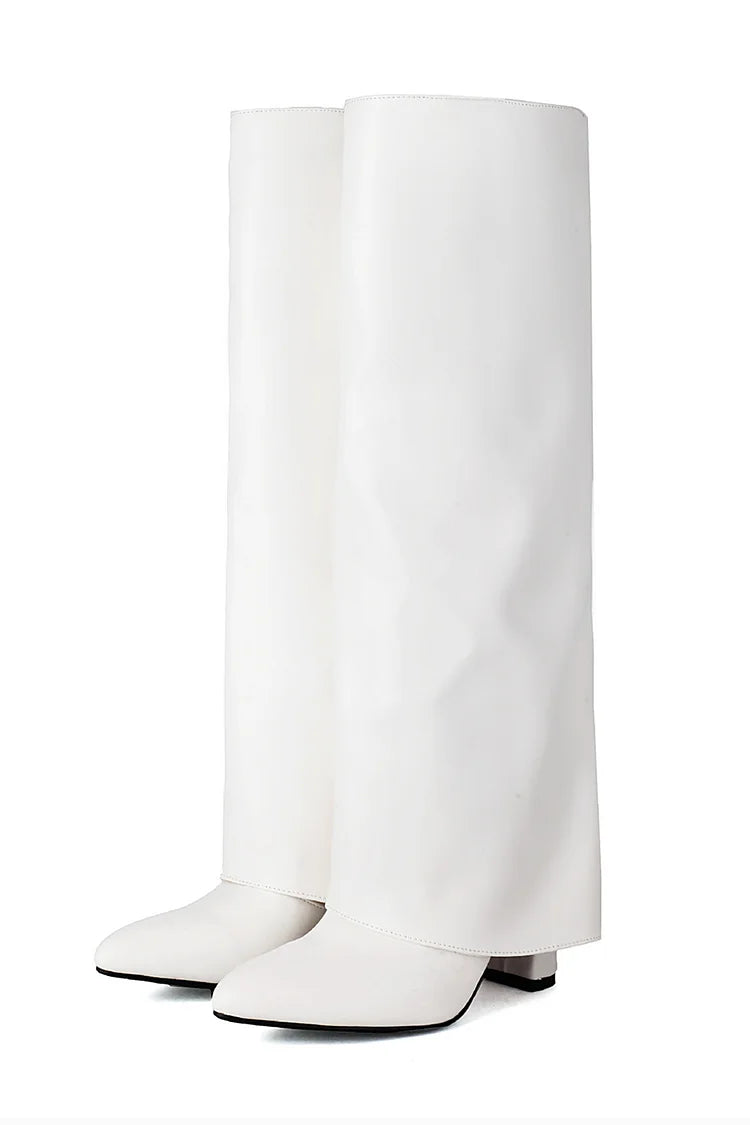 Fold Over Solid Color Pointed Toe Chunky Heel Knee High Boots