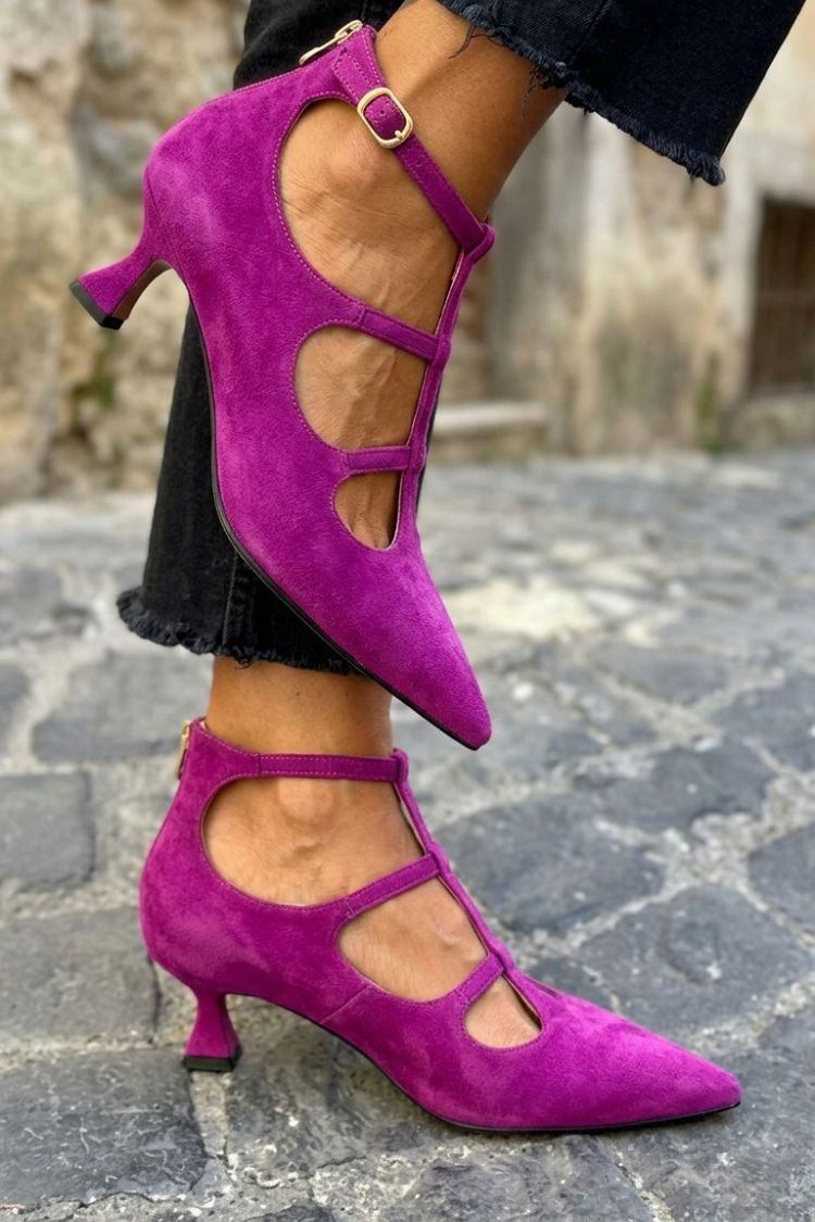 Hollow Out Ankle Strap Zip Pointed Toe Purple Kitten Heels