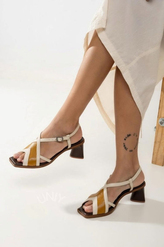 Square Toe Color-Block Criss-cross Slingback Heels [Pre Order]