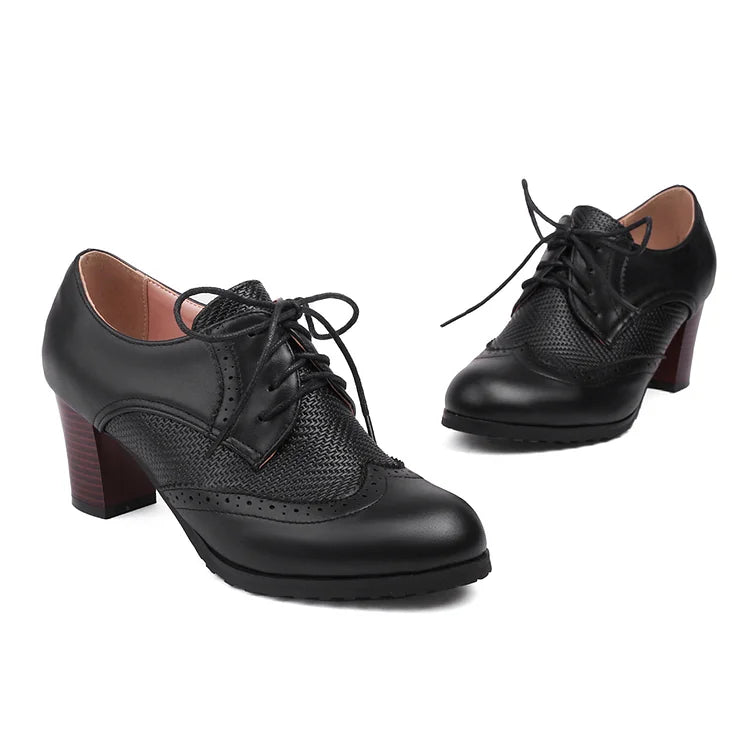 Metallic Sheen Patchwork Round Toe Lace Up Chunky Heels