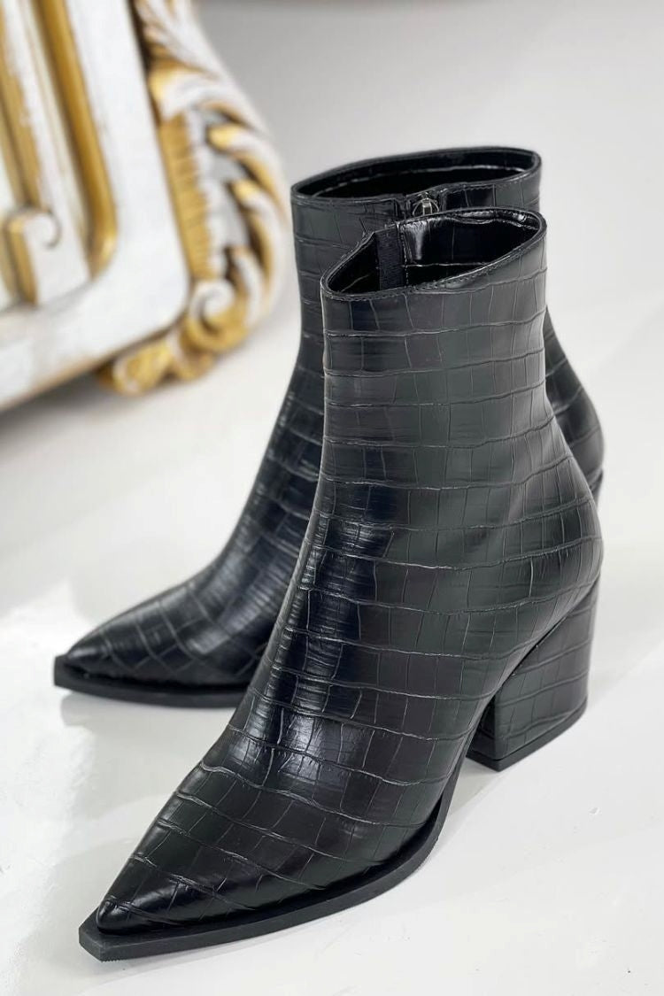 Vielseitige Stiefeletten mit Krokodilmuster, spitzer Zehenpartie, seitlichem Reißverschluss und Blockabsatz [Vorbestellung]