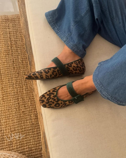 Retro Leopard Pattern Mary Jane Emerald Green Strap Flats [Pre Order]