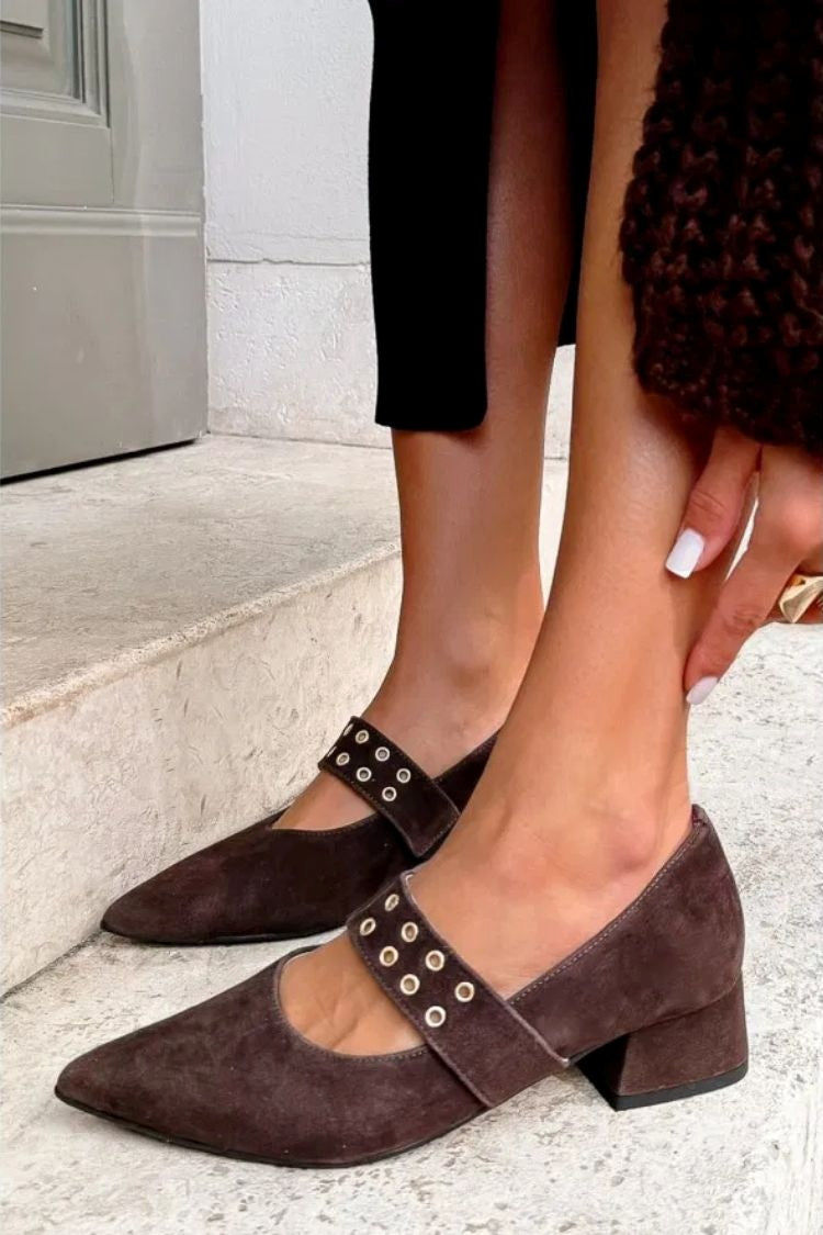 Coffee Pointed Toe Suede Wide Strap Low Block Heels [Pre Order]