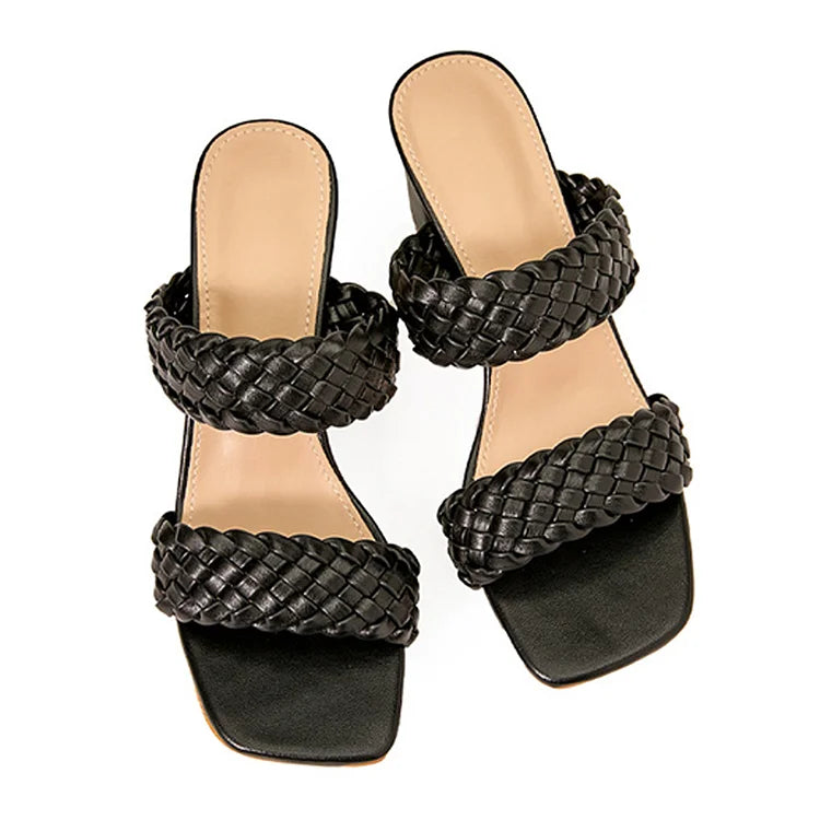 Woven Solid Color Square Toe Casual Sandals Chunky Heels