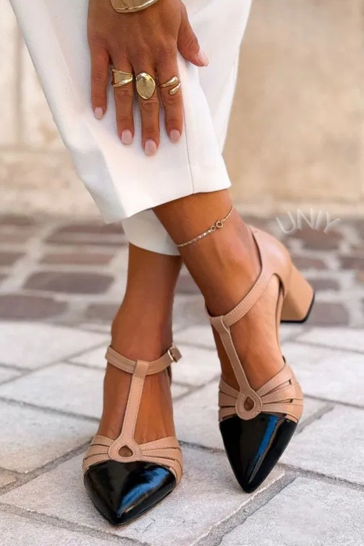 Vintage Two-Tone T-Strap Pumps Nude Black Block Heels [Pre Order]