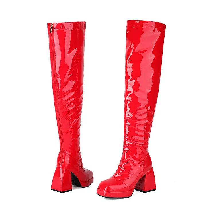 Solid Color Zipper Patchwork Square Toe Chunky Heel Over The Knee Boots