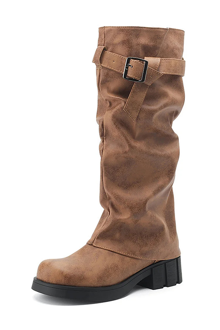 Strap Buckle Decor Fold Over Round Toe Chunky Heel Long Boots