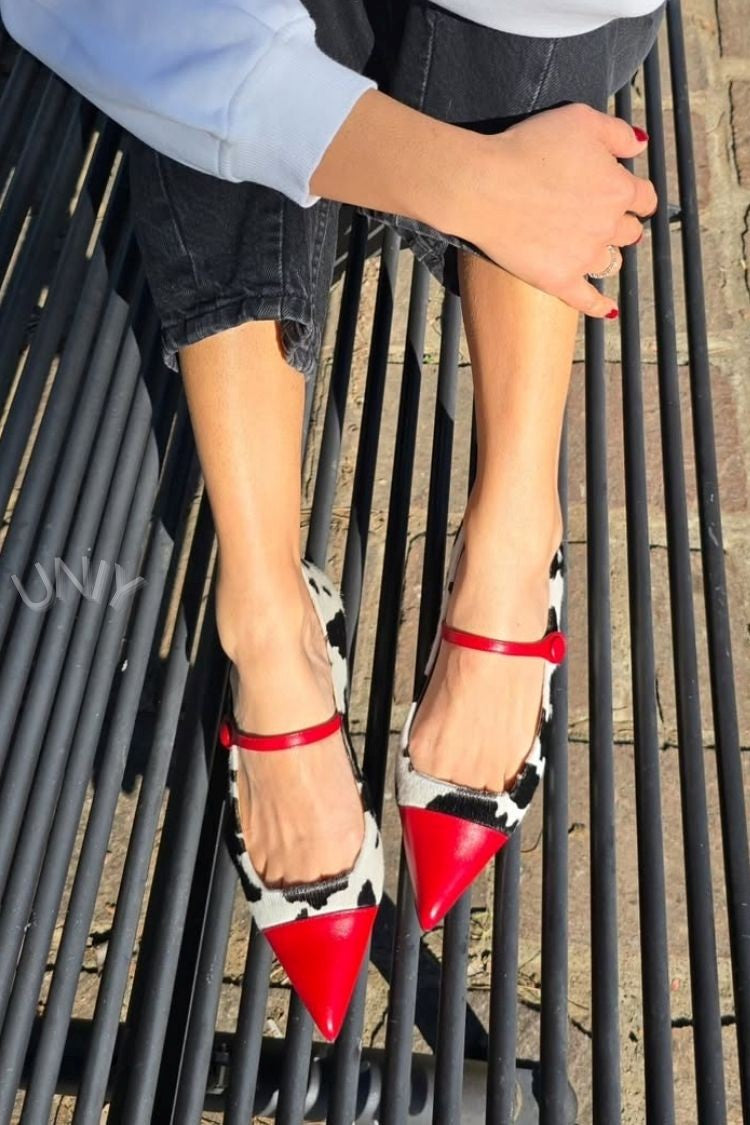Red Color Block Pointed Toe Mary Jane Flats [Pre Order]