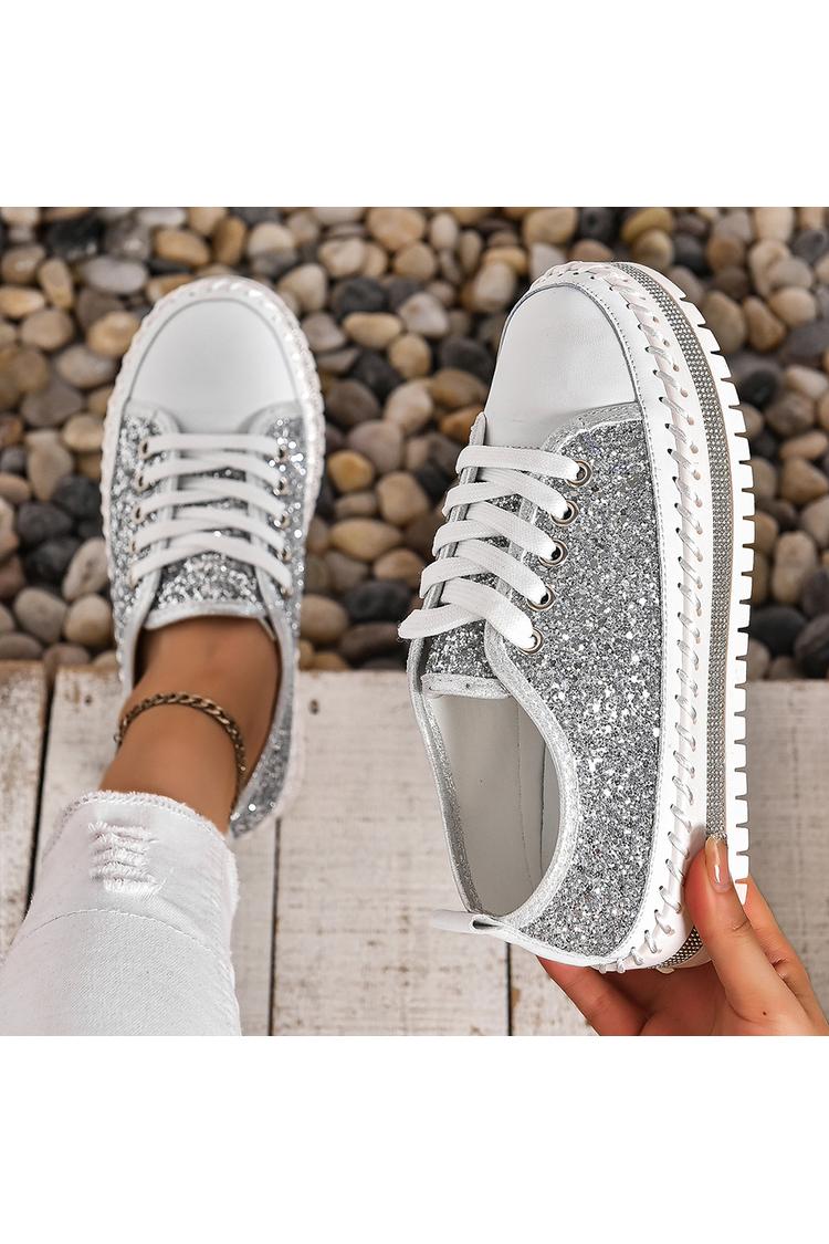 Sneakers casual con lacci e punta tonda con patchwork scintillante e dettagli cuciti 