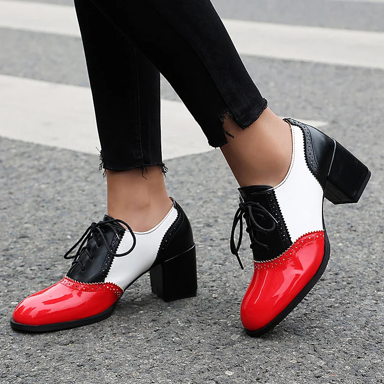 Lace Up Colorblock Round Toe Chunky Heel Brogue Oxfords