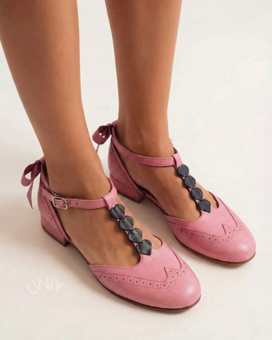 Pink Round Toe Heart Detail Brogue Strappy Mary Jane Flats [Pre Order]