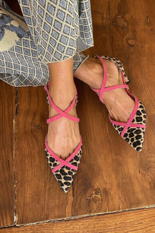 Leopard Print Fuchsia Crisscross Strap Pointed Toe Heels [Pre Order]