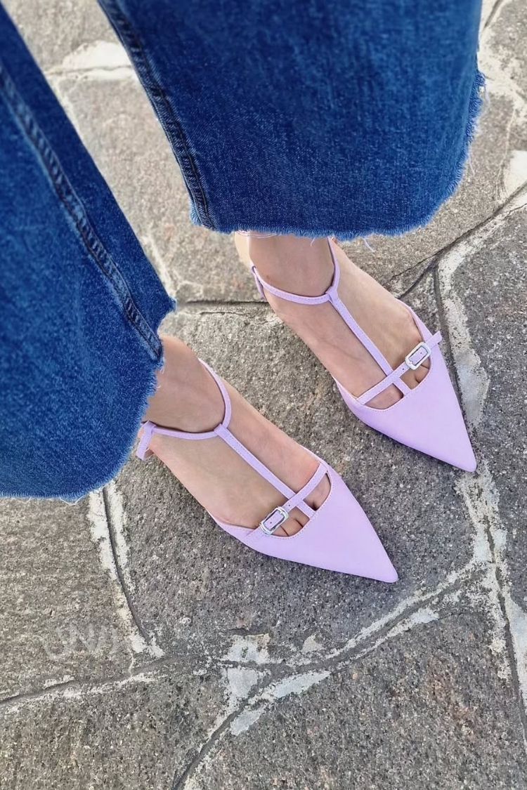Scarpe con tacco a spillo, cinturino alla caviglia con fibbia e cinturino a T color lavanda viola [Pre-ordine]