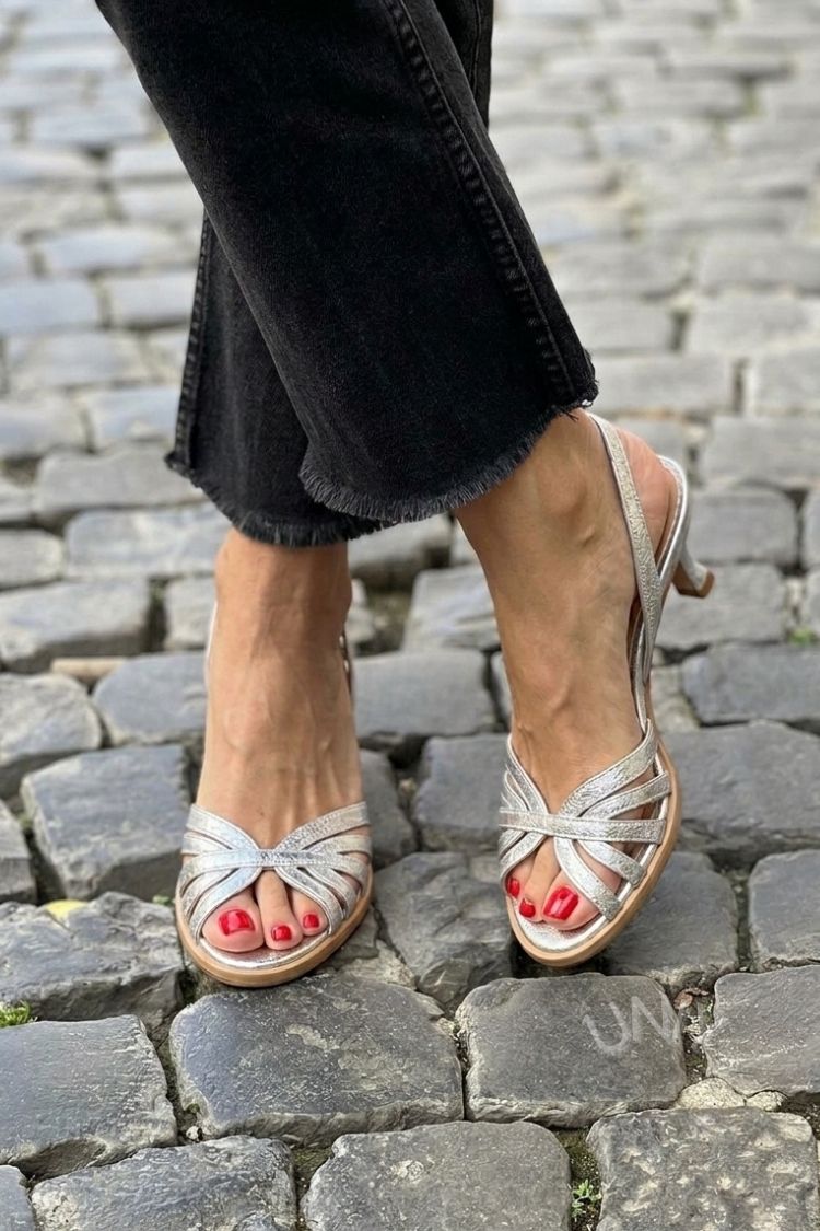 Metallic Silver Multi-Strap Slingback Kitten Heel Sandals [Pre Order]