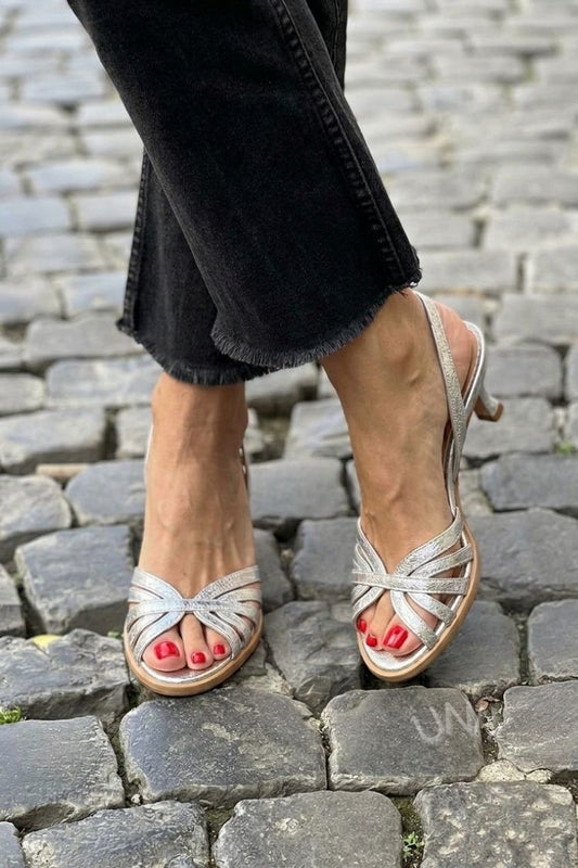 Metallic Silver Multi-Strap Slingback Kitten Heel Sandals [Pre Order]