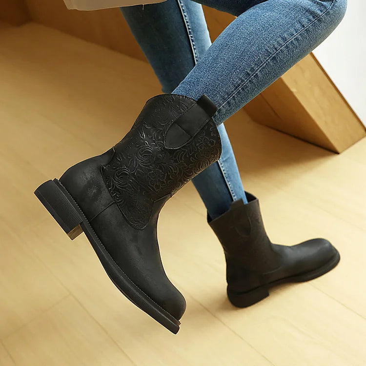 Floral Pattern Patchwork Round Toe Low Block Heel Mid Boots