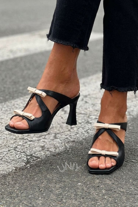 Mules elegantes de cuero negro con doble lazo y punta cuadrada con tacón de bloque [Preventa]