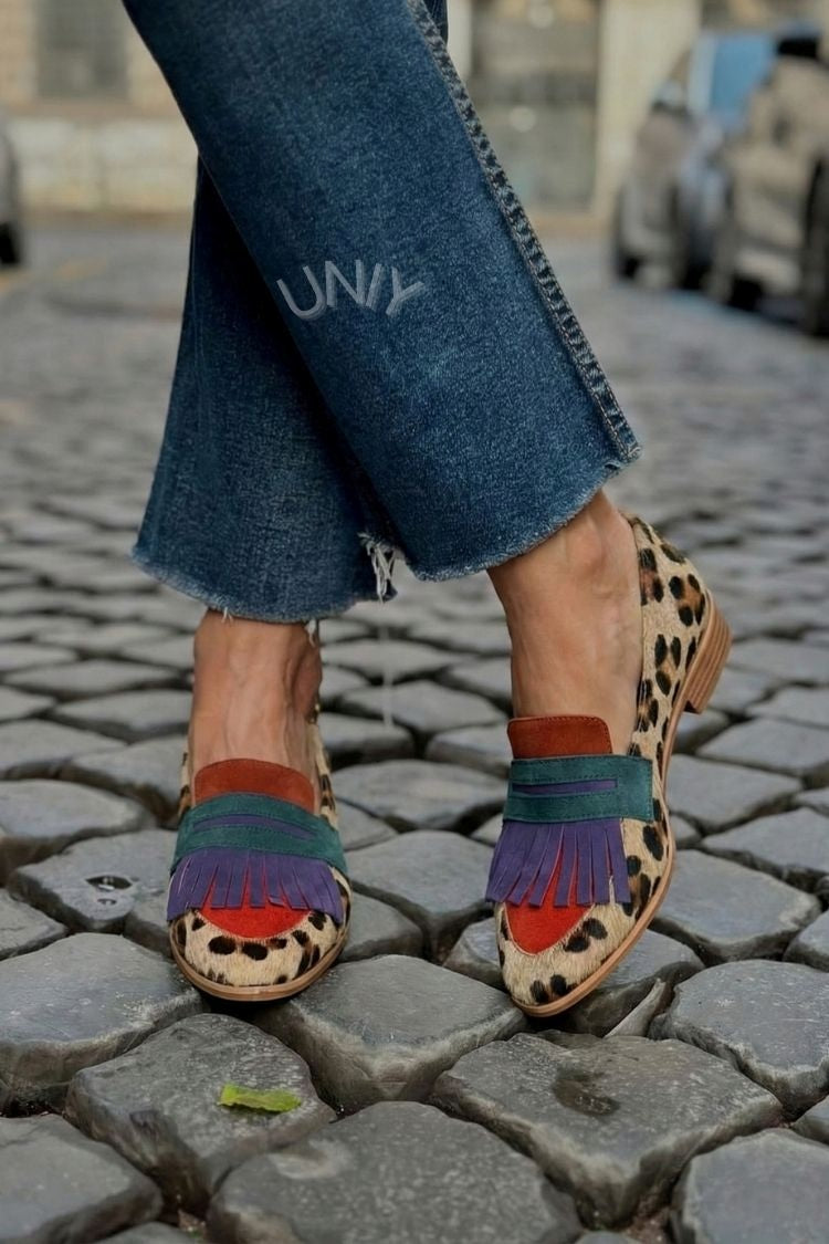Trendy Color Block Leopard Fringe Flat Statement Loafers [Pre Order]