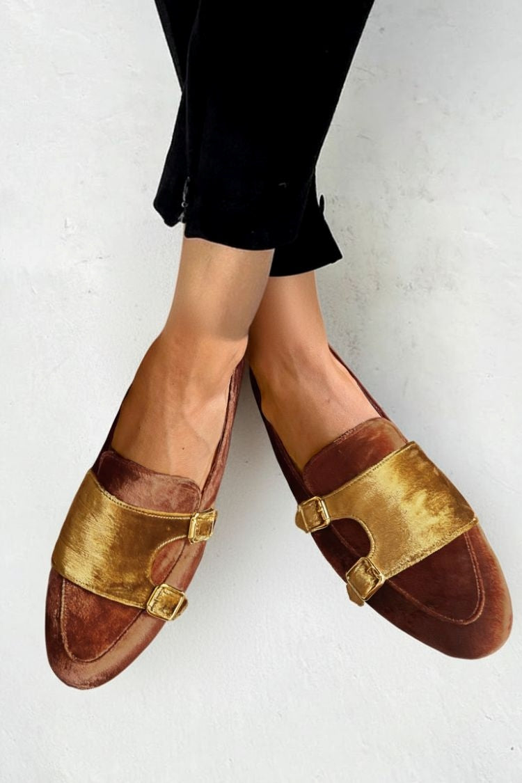 Vintage brune fargede semsket dobbelspenne rundtå mokasiner [Forhåndsbestilling]