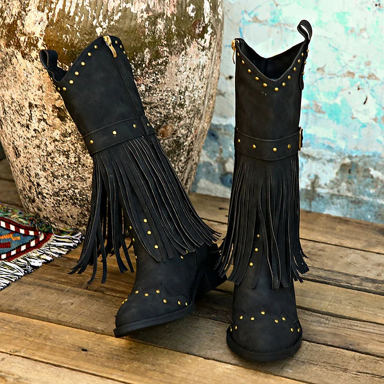 Metal Rivets Fringed Trim Pointed Toe Chunky Heel Mid Calf Boots