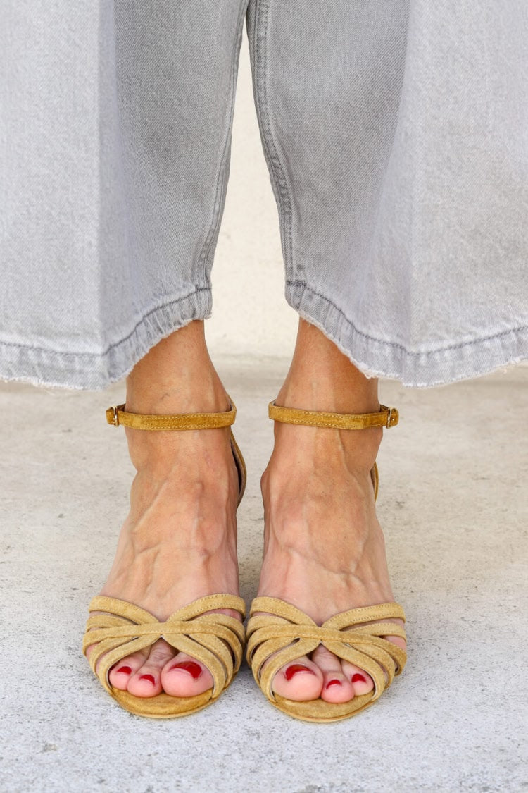 Strappy Suede Open Toe Ankle Strap Mustard Chunky Heels [Pre Order]