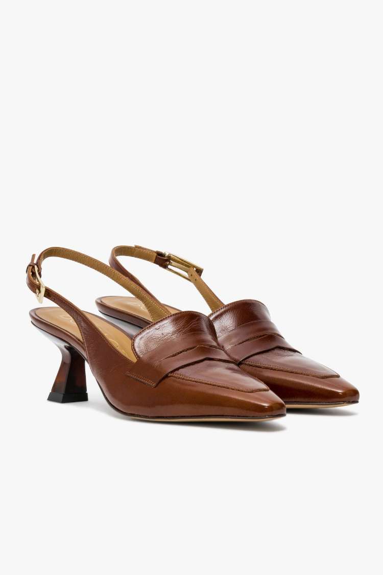 Leather Slingback Pointed Penny Loafer Kitten Heels [Pre Order]