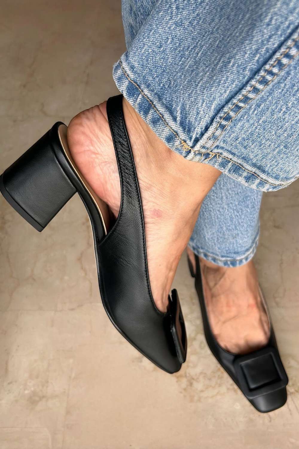 Faux Leather Black Square Buckle Block Heel Pumps [Pre Order]