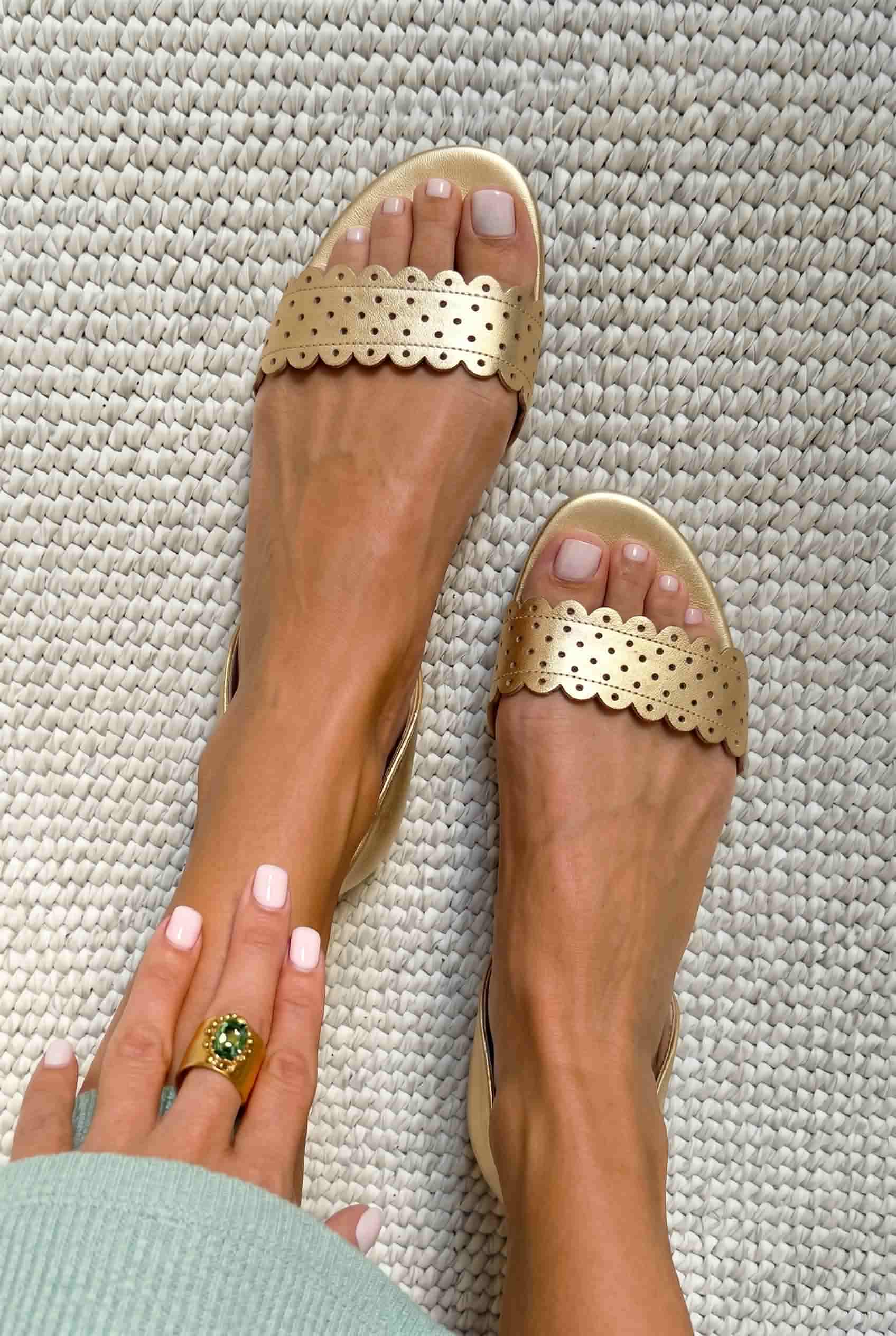 Scalloped Perforated Open Toe Slingback Flat Sandals [Pre Order]