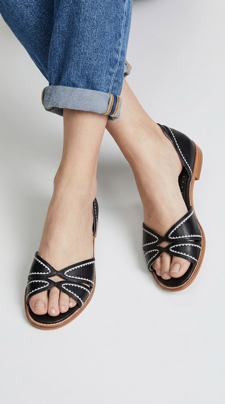 Contrast Stitch Peep Toe D'Orsay Black Flat Sandals [Pre Order]