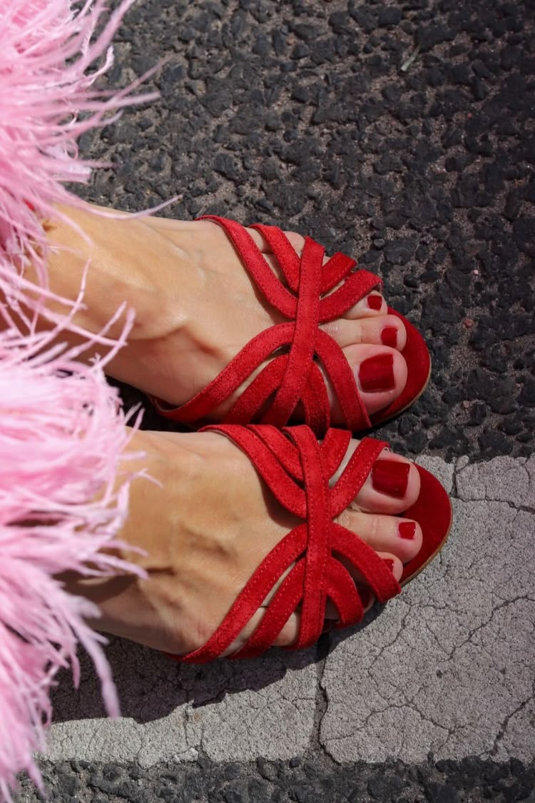 Red Suede Criss Cross Open Toe Slide Sandals [Pre Order]