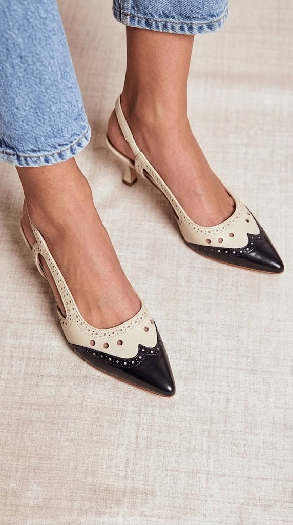 Brogue Detail Pointed Toe Slingback Beige Kitten Heels [Pre Order]