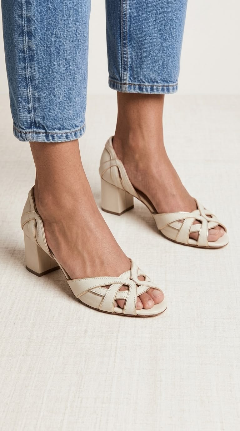 Strappy Cutout Peep Toe Closed Back Beige Block Heels [Pre Order]