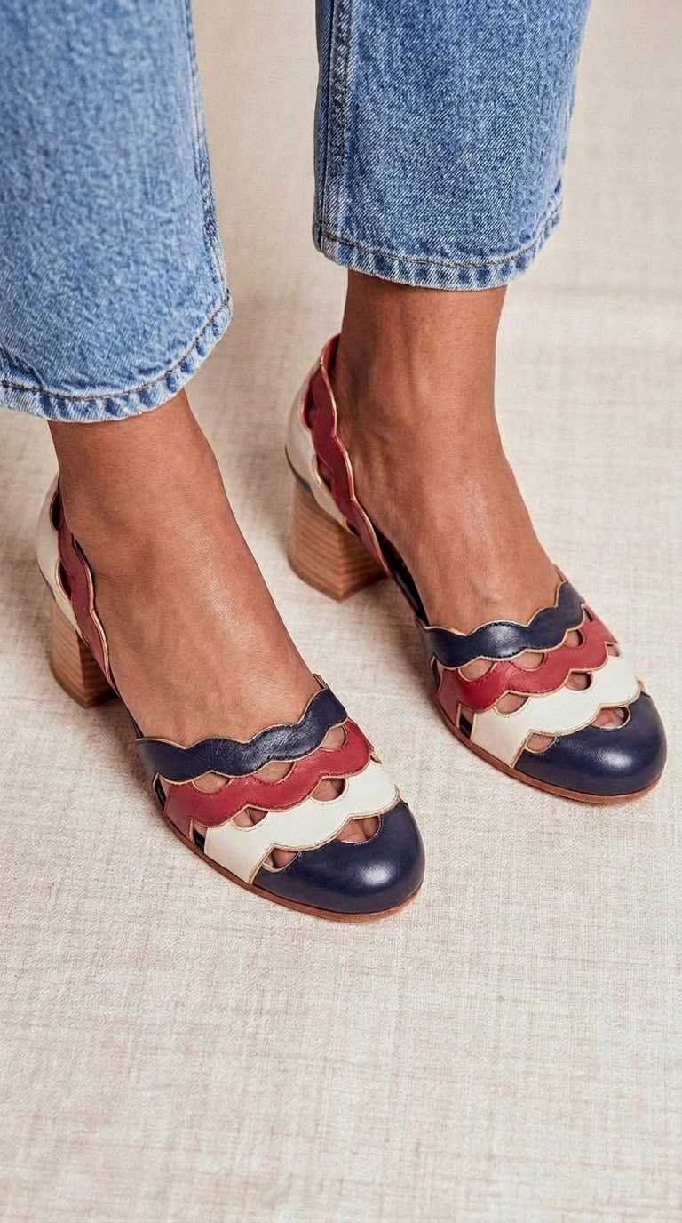 Scalloped Cutout Round Toe Colorblock Navy Chunky Heels [Pre Order]