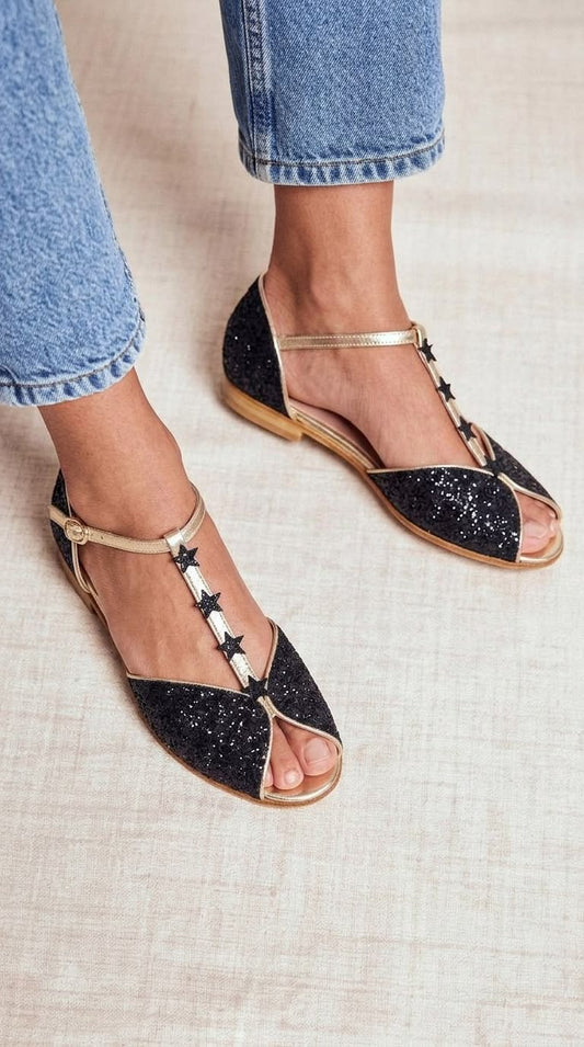 Star Detail Peep Toe T-Strap Black Glitter Flats [Pre Order]