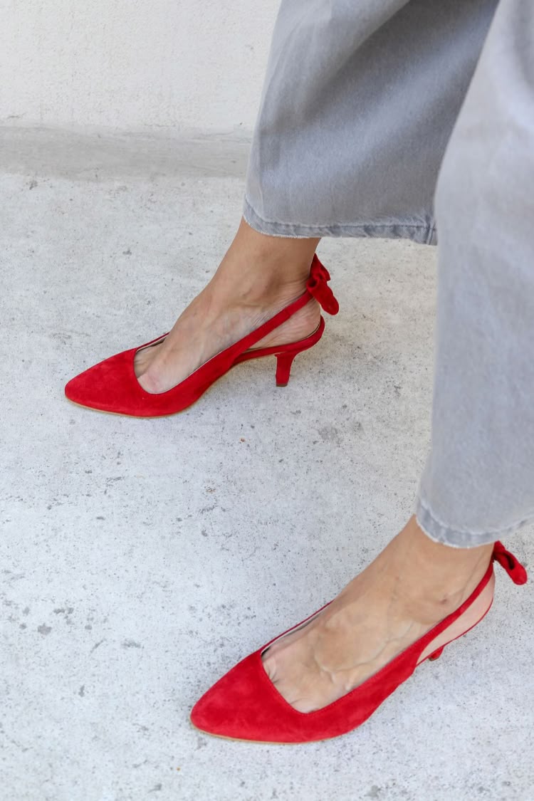 Red Suede Pointed Toe Bow Slingback Kitten Heels [Pre Order]