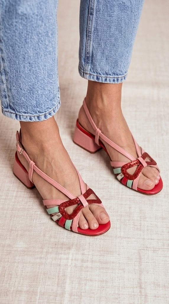 Glitter Bow Open Toe Slingback Pink Block Heels [Pre Order]