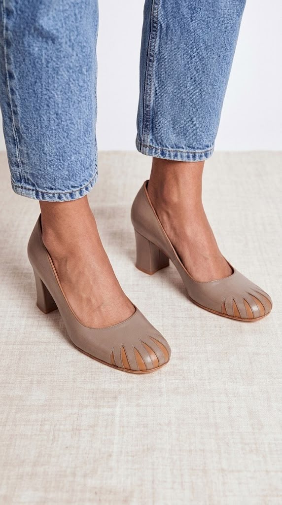 Two Tone Cutout Almond Toe Slip On Taupe Chunky Heels [Pre Order]