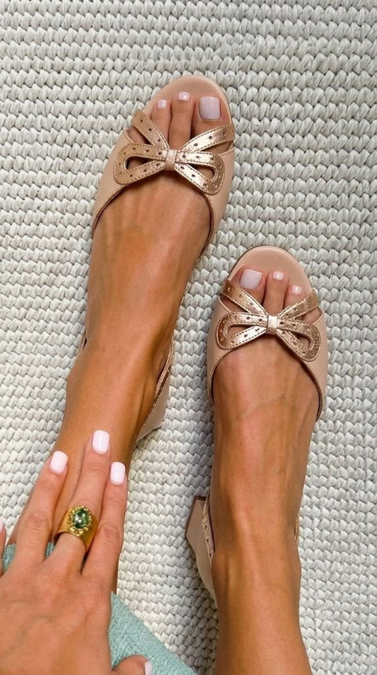 Metallic Bow Peep Toe Slingback Blush Block Heels [Pre Order]