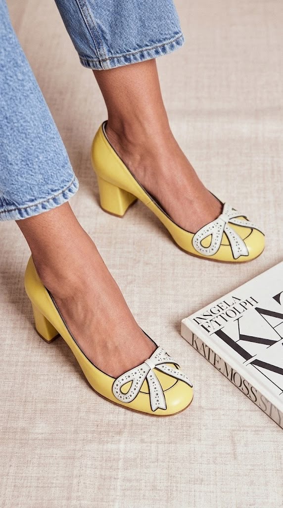 White Bow Round Toe Pump Yellow Chunky Heels [Pre Order]