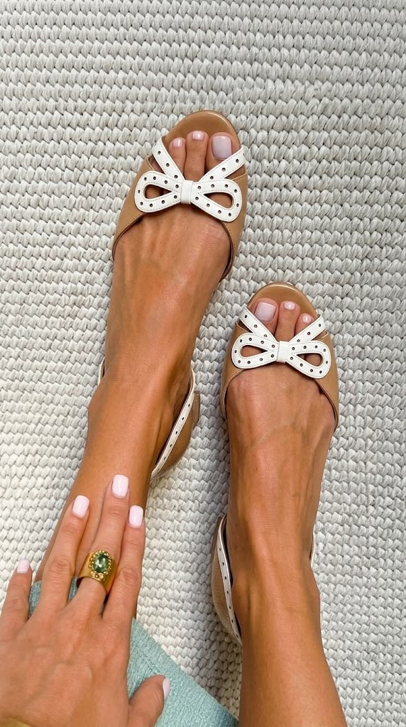 White Bow Peep Toe Slingback Tan Low Heels [Pre Order]